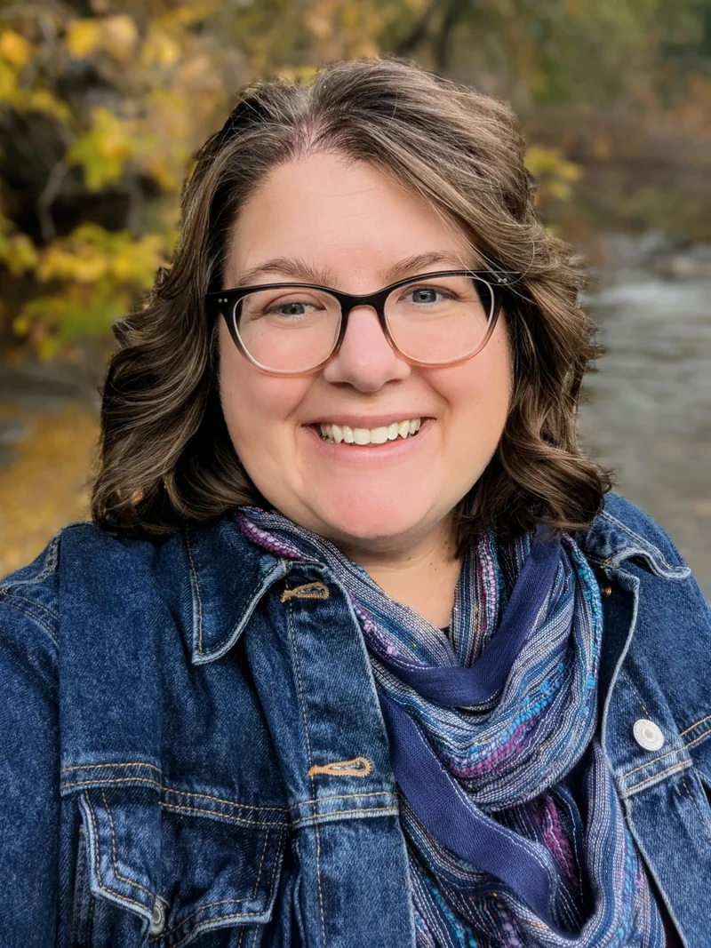 Melissa smiling outdoors beside autumn leaves